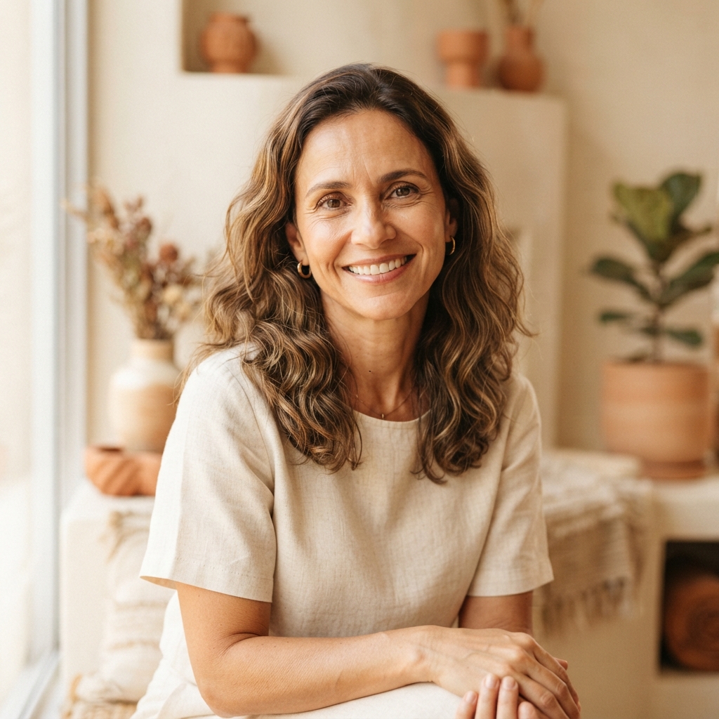 Photo of Cintia, smiling, wearing a linen top, in a warm sunlit room with terracotta pots and a plant