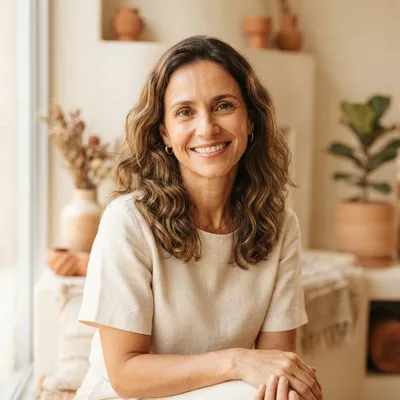 Photo of Cintia, smiling, wearing a linen top, in a warm sunlit room with terracotta pots and a plant